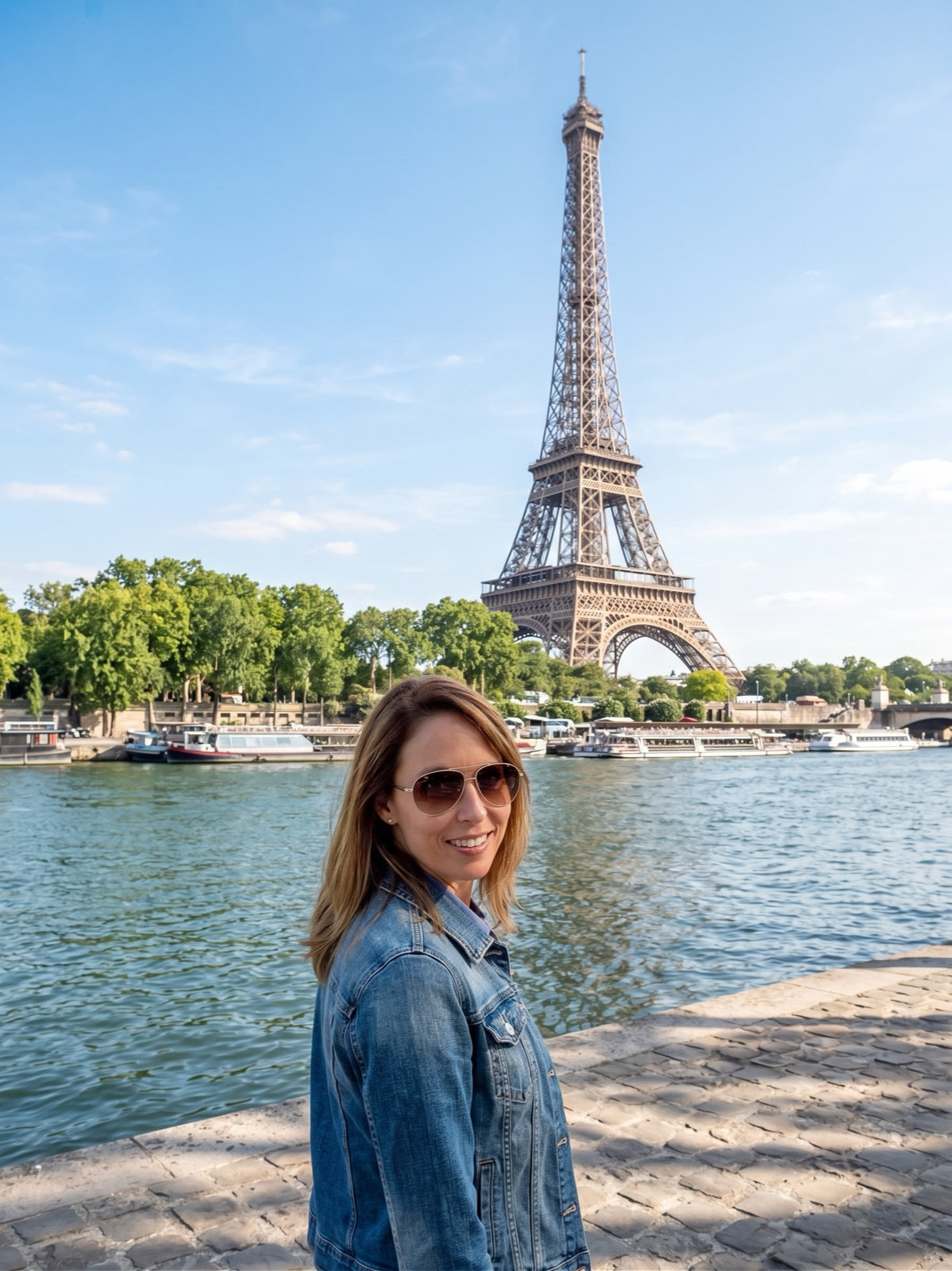 Tasha at the Seine, Eiffel Tower behind her